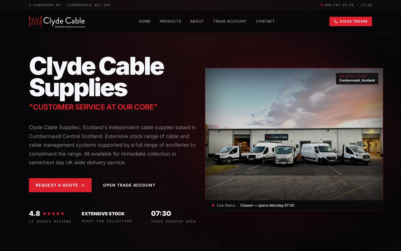 The Clyde Cable Supplies website homepage shown on a laptop screen.